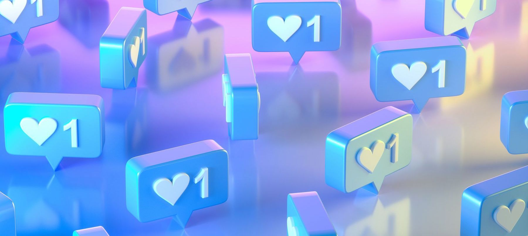 Blue like icons with white hearts and "1" floating in a dreamy purple and blue background.