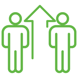 Two people on both sides of an up arrow icon