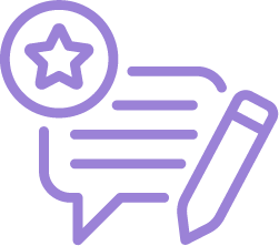 Speech bubble with star, lines of text, and pencil
