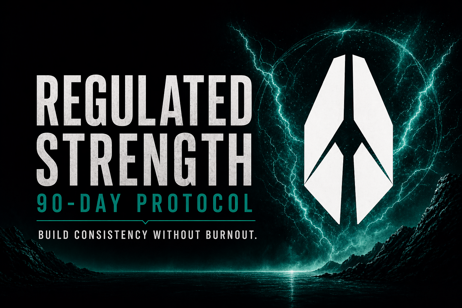 Regulated Strength 90-day protocol graphic with teal energy ring and white emblem on black background