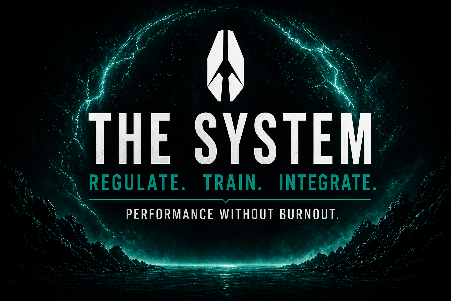 Black logo with teal energy ring and text: “THE SYSTEM – Regulate. Train. Integrate. Performance without burnout.”