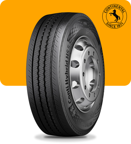 Pneu Continental Hybrid HS5 para caminhão em roda prateada, sobre fundo laranja sólido com o logotipo da Continental.