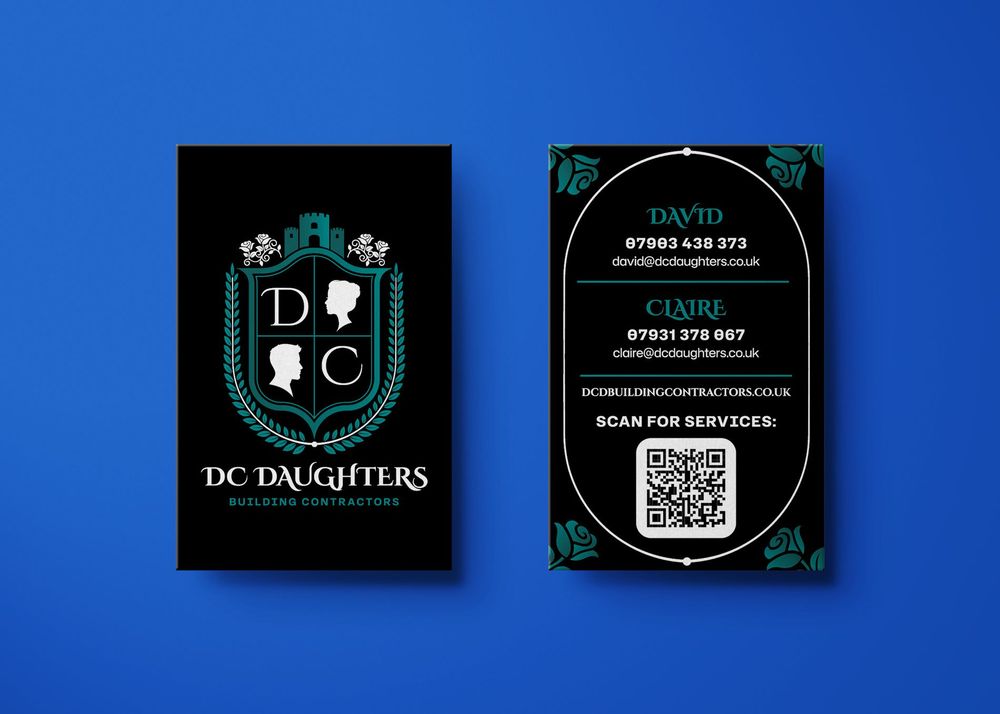 Black and teal business card for DC Daughters with ornate logo, contact details, and QR code on blue background