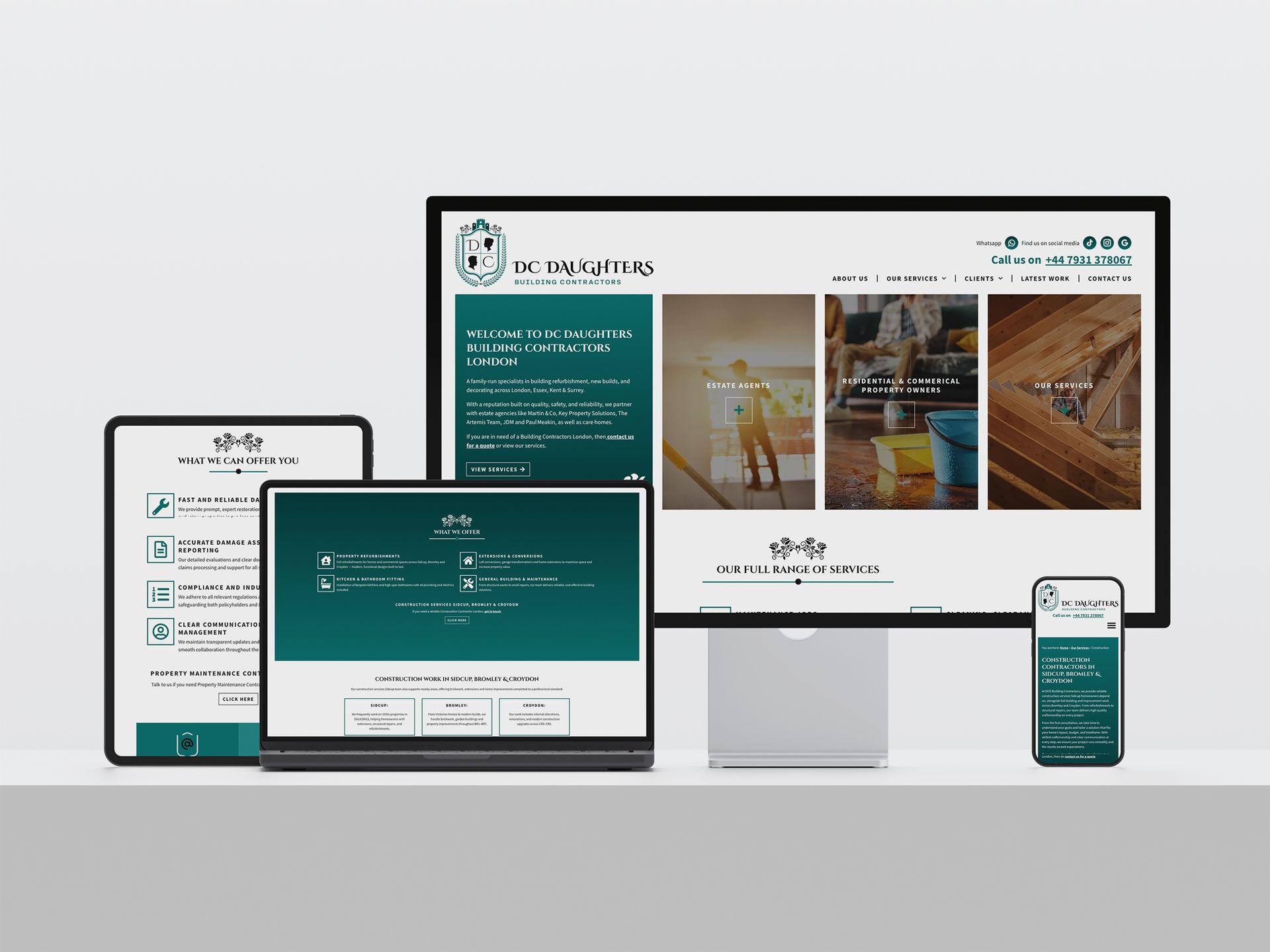 Website homepage showing black folding glass doors opening to a garden patio with a large promo banner.