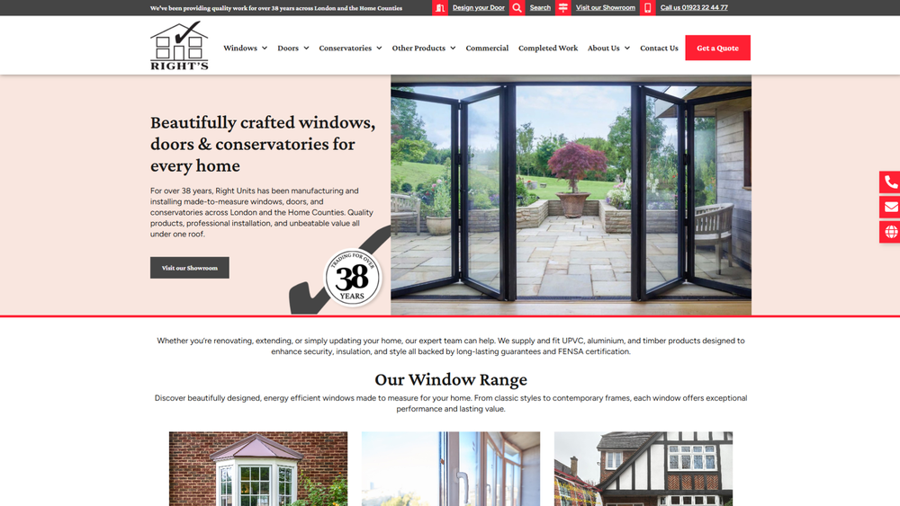 Website homepage showing black bi-fold doors with a garden view and a “Get a quote” button