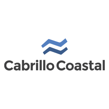 A logo for cabrillo coastal with a blue arrow on a white background.