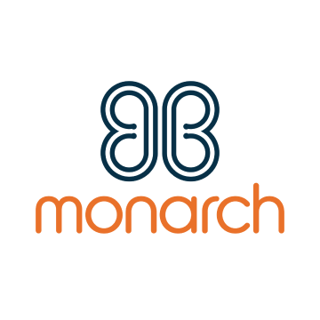 A blue and orange monarch logo on a white background