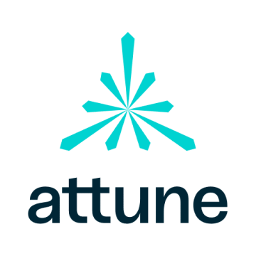 A blue and black logo for attune with a star in the middle