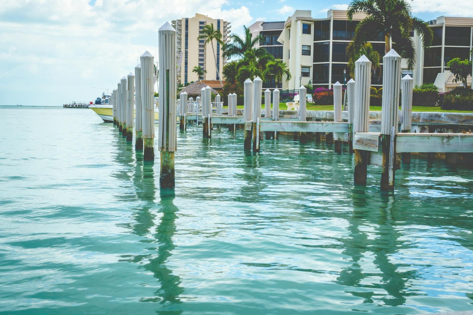 A dock with lots of poles in the water with buildings in the background.