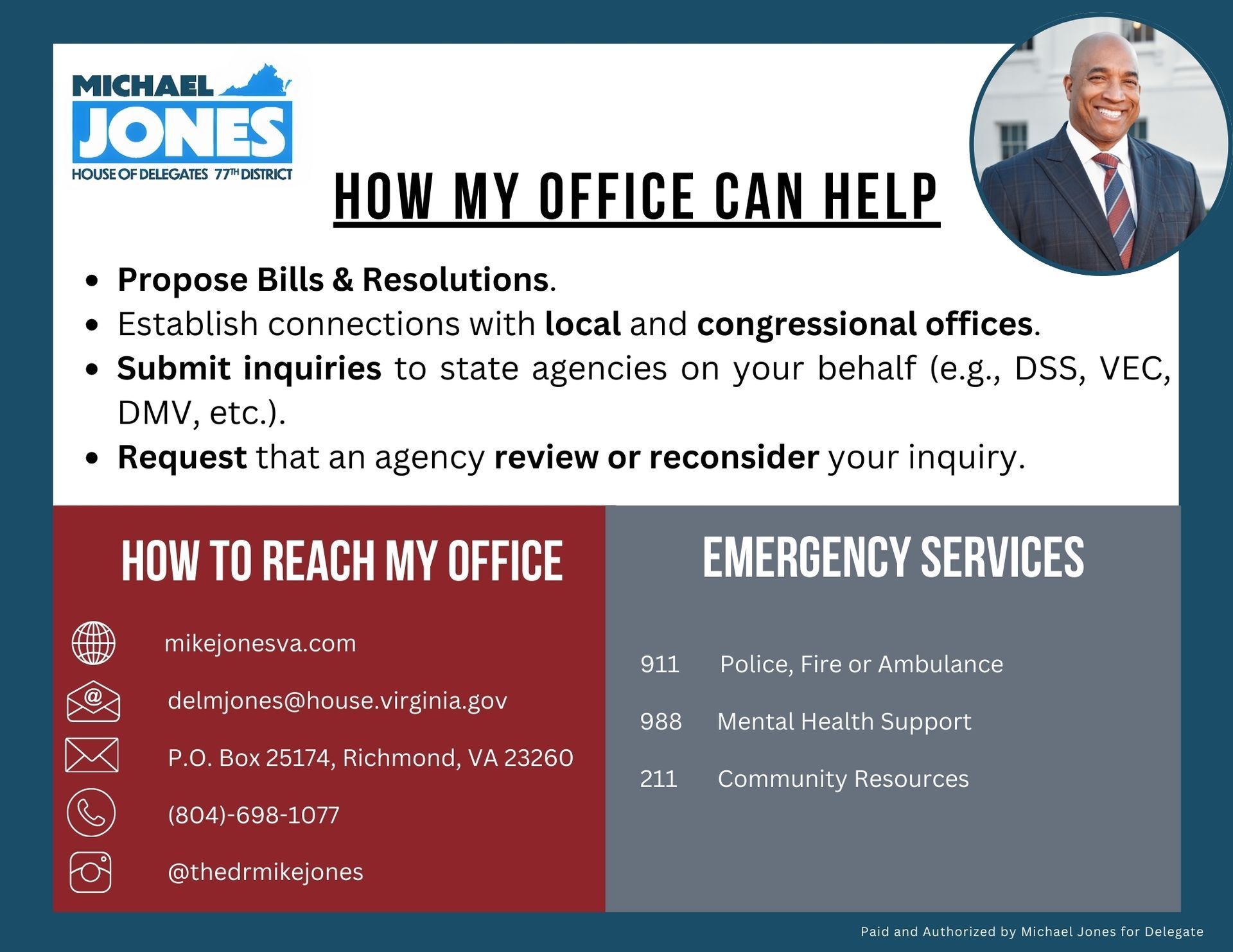 Political flyer from Michael Jones' office: services offered, contact info, and emergency contacts.