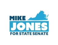 Mike Jones for State Senate campaign logo: blue text and Virginia outline on white background.