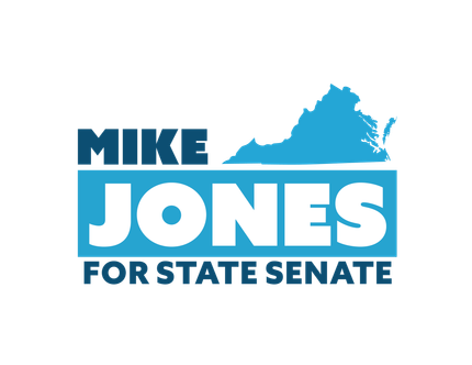 Mike Jones for State Senate campaign logo: blue text and Virginia outline on white background.