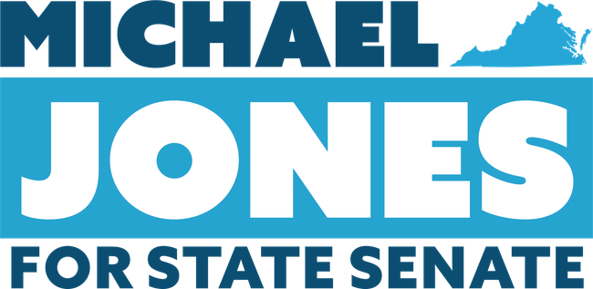 Michael Jones for State Senate campaign logo featuring the candidate's name and the outline of the state of Virginia.