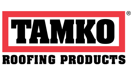 The logo for tamko roofing products is red and black.