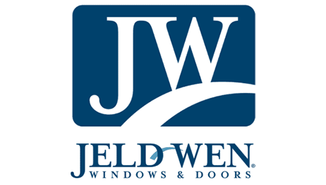 A blue and white logo for jeld wen windows and doors
