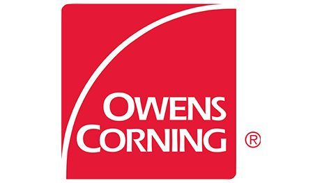 The logo for owens corning is a red square with a white line going through it.