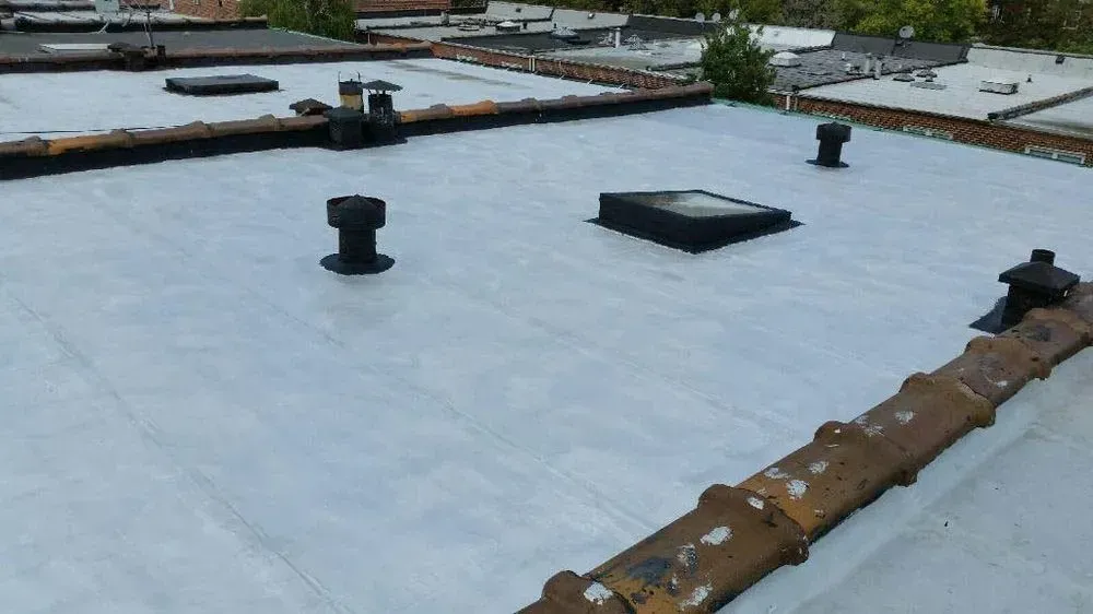 Flat roof with white membrane, vents, and a skylight.