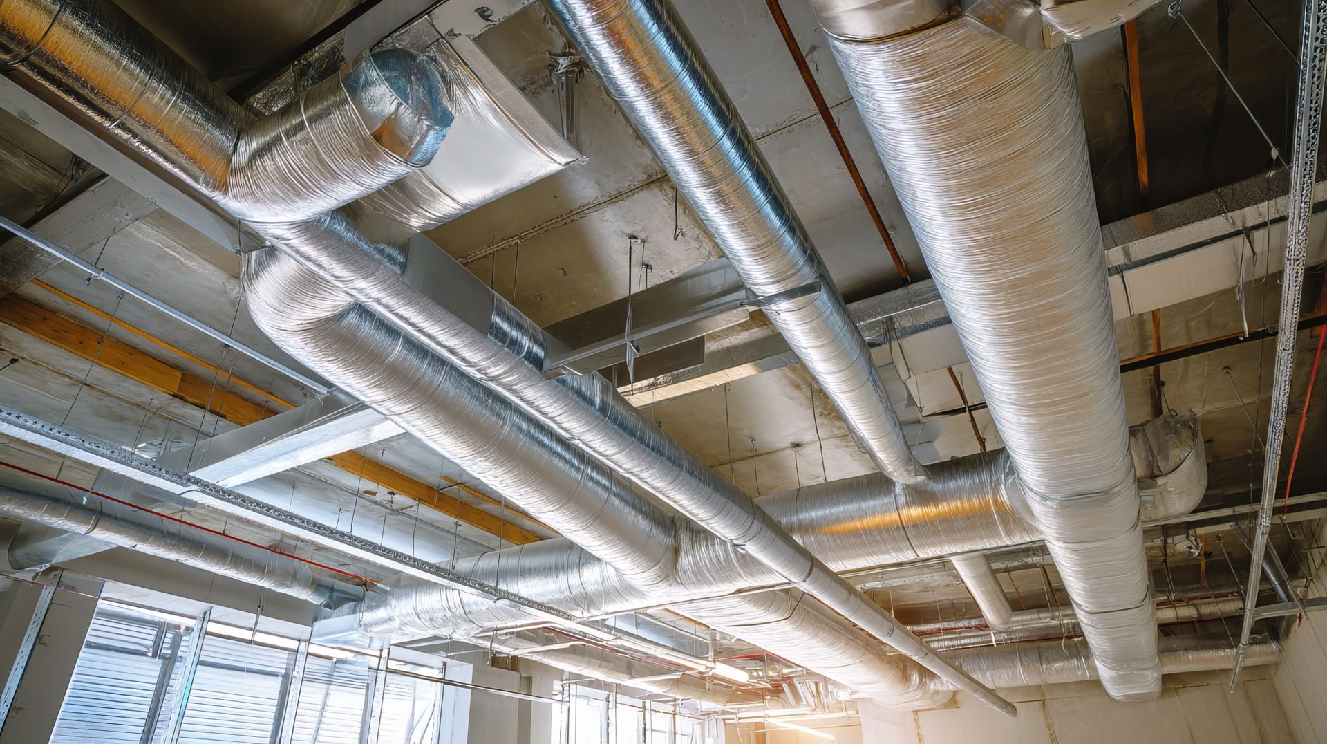 HVAC ductwork installed on a concrete ceiling, silver and insulated pipes.