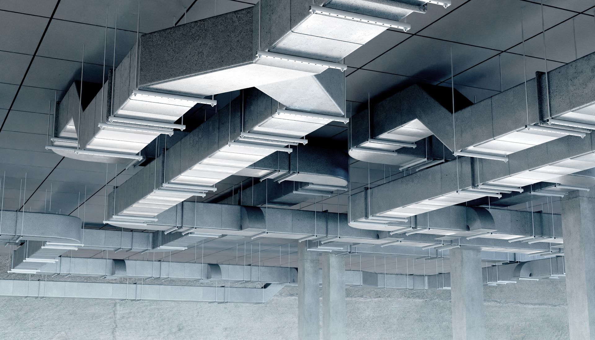 Gray ceiling with rectangular ventilation ducts. Gray ceiling with rectangular ventilation ducts.