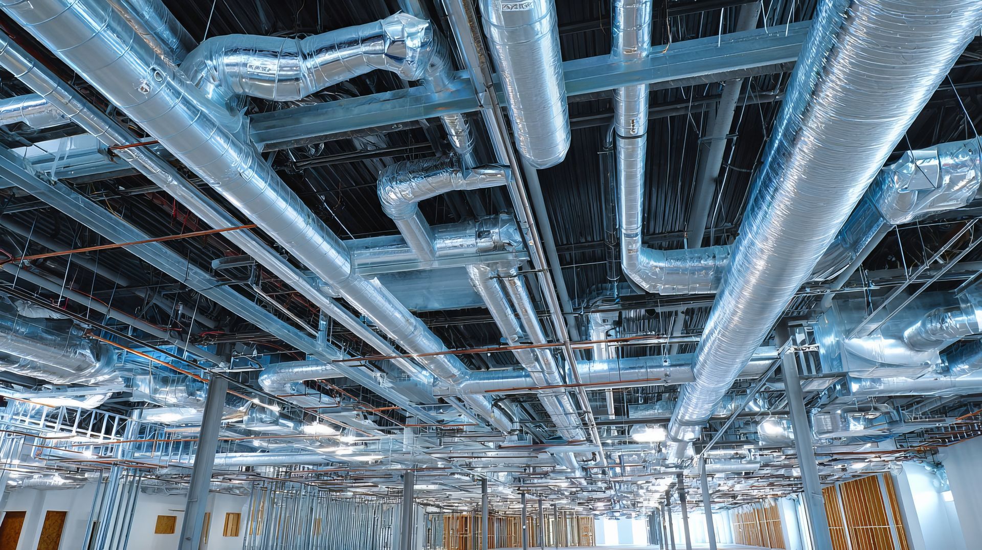 Ceiling view of HVAC ductwork and pipes in a commercial building. Ceiling view of HVAC ductwork and pipes in a commercial building.