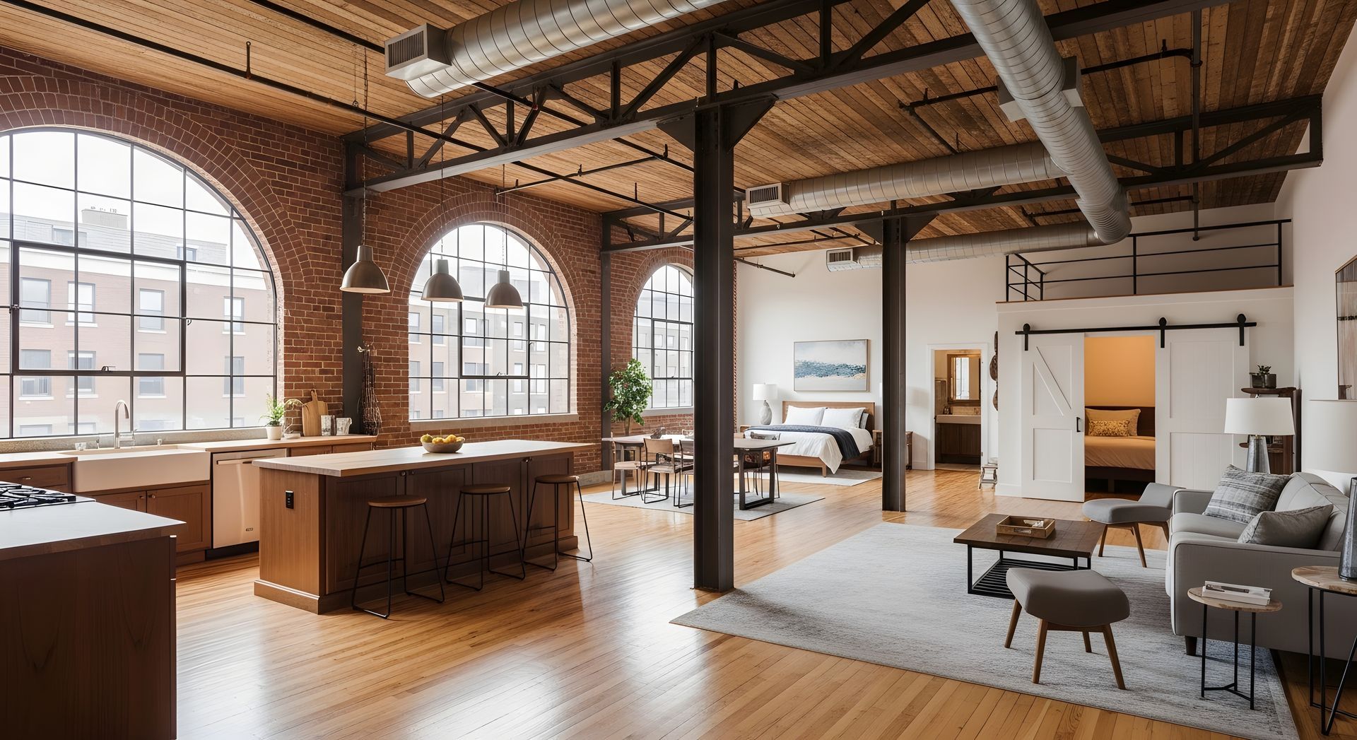Spacious loft apartment with brick walls, arched windows, exposed beams, hardwood floors, and open floor plan. Spacious loft apartment with brick walls, arched windows, exposed beams, hardwood floors, and open floor plan.