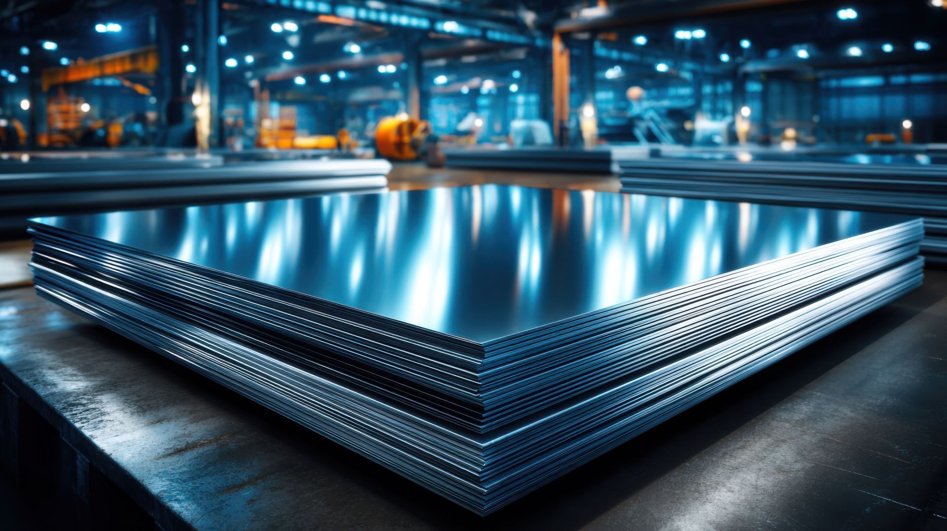 Stack of shiny, metallic steel sheets in an industrial setting, reflecting blue ambient light.