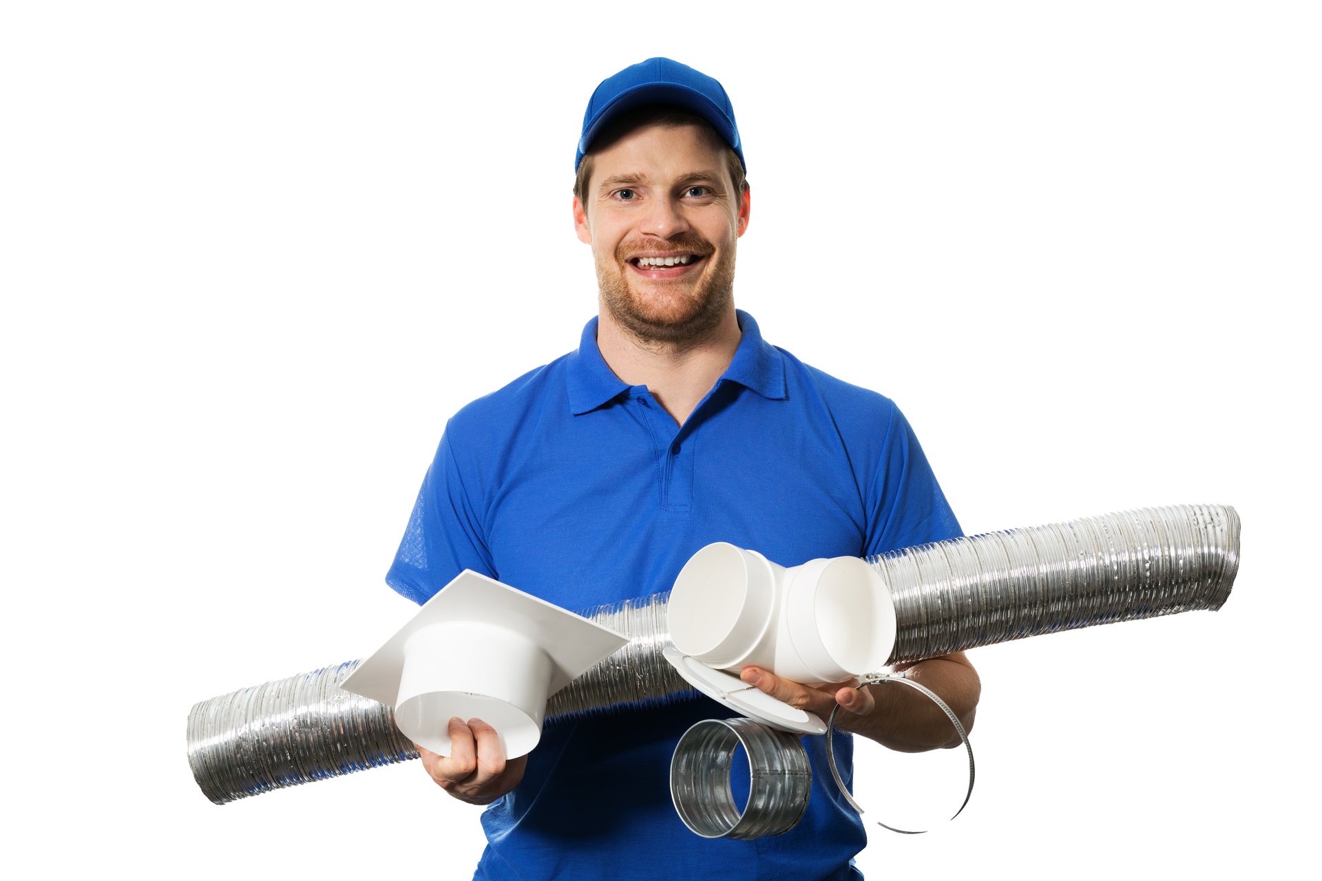 Smiling HVAC technician holding air duct components.