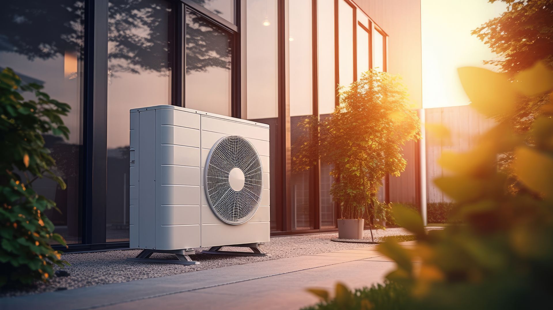 White heat pump unit next to a building, in an outdoor setting with sunlight. White heat pump unit next to a building, in an outdoor setting with sunlight.