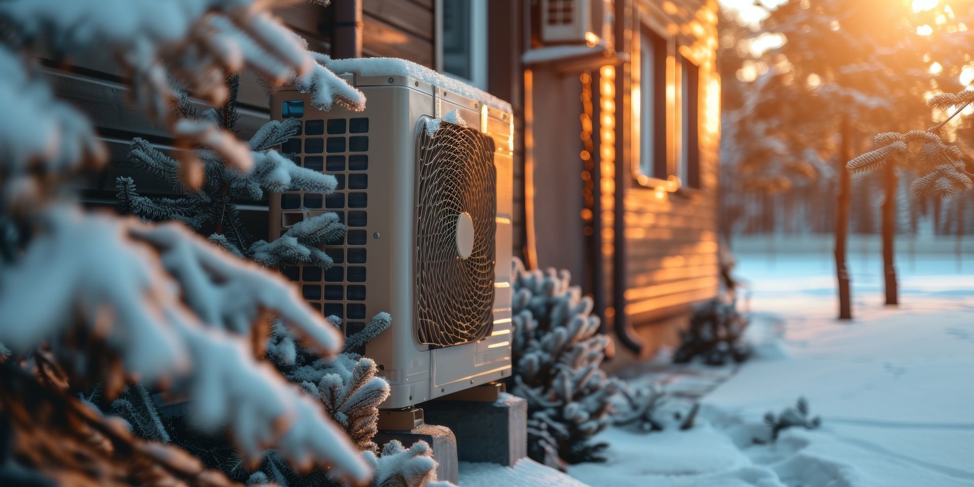 Snow-covered house exterior with an air conditioning unit. Bright winter sunlight illuminates the scene. Snow-covered house exterior with an air conditioning unit. Bright winter sunlight illuminates the scene.