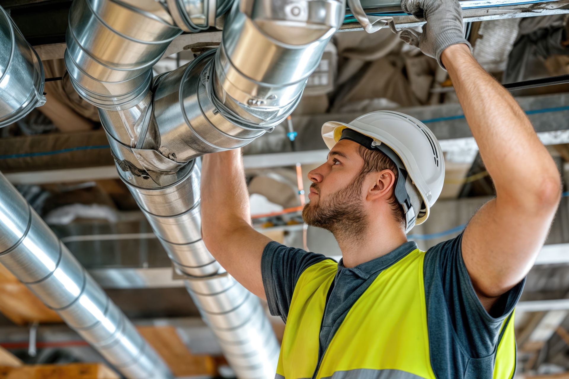 Man in hard hat and safety vest working on HVAC ductwork.