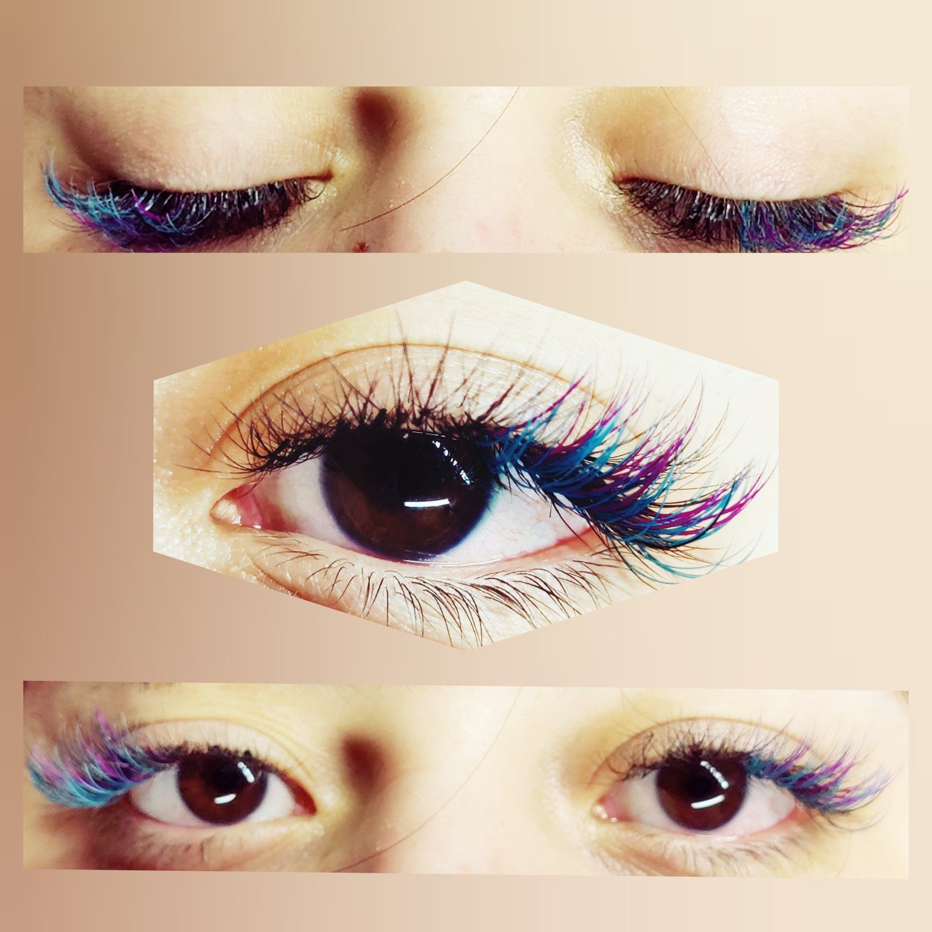 A close up of a woman 's eye with colorful eyelashes