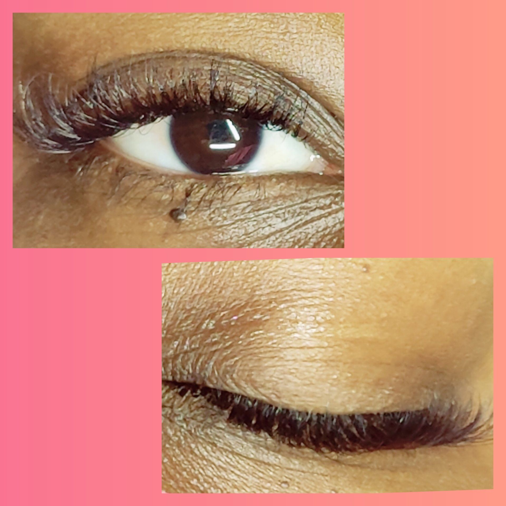 A close up of a woman 's eye with long eyelashes on a pink background.