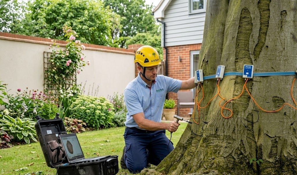 An arborist in high-visibility gear uses a tablet to inspect a large tree in a residential yard.