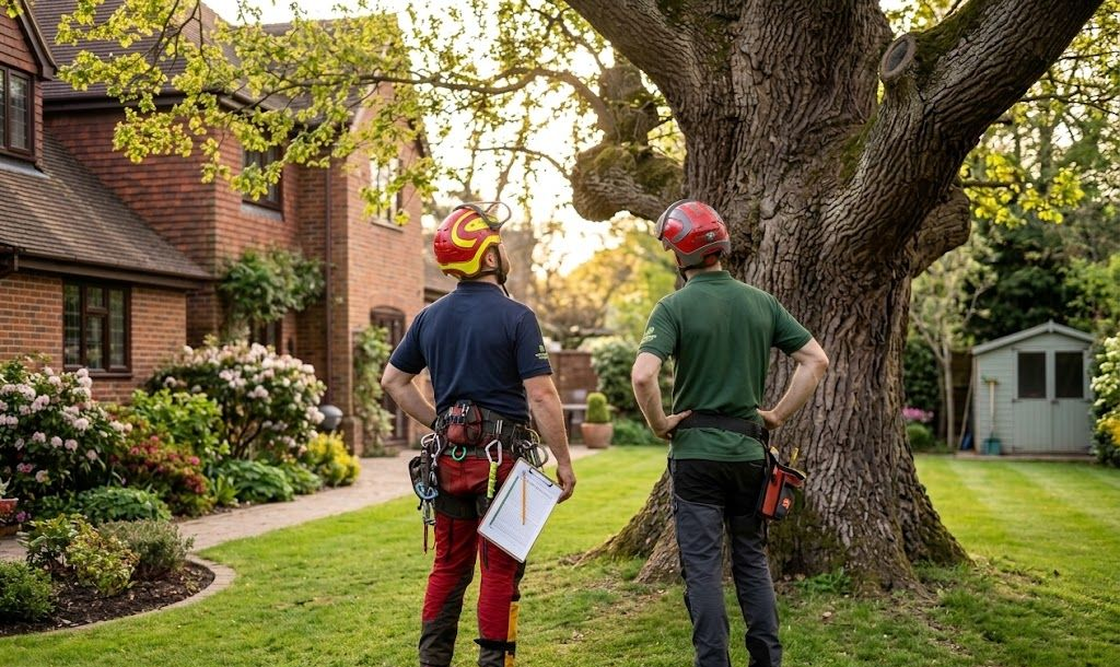 Two arborists in protective gear and helmets stand in a residential yard, looking up at a large, mature tree.