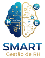 Gráfico de cérebro azul com circuitos e engrenagens, divididos em RH/DHO e DP, promovendo a Gestão INTELIGENTE de RH.