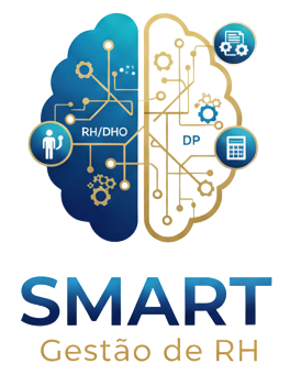 Gráfico de cérebro azul com circuitos e engrenagens, divididos em RH/DHO e DP, promovendo a Gestão INTELIGENTE de RH.