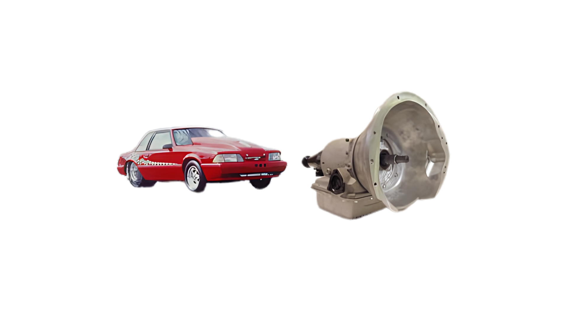 A red car is next to a metal object on a white background.