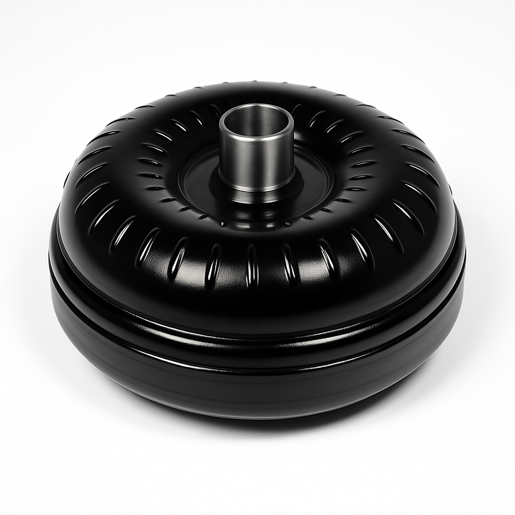 A close up of a black torque converter on a white surface.