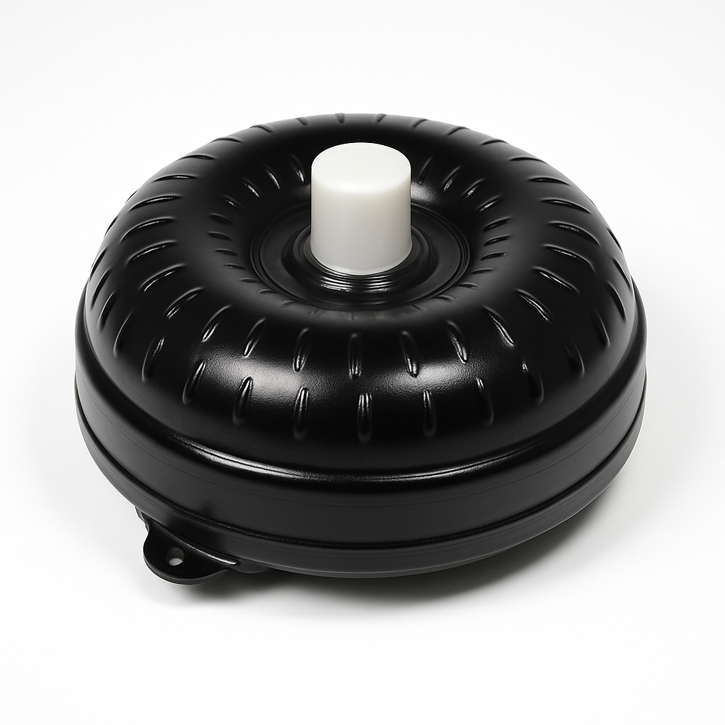 A black torque converter with a white cap on top of it