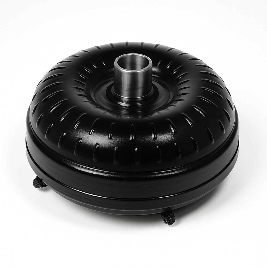 A black torque converter on a white background