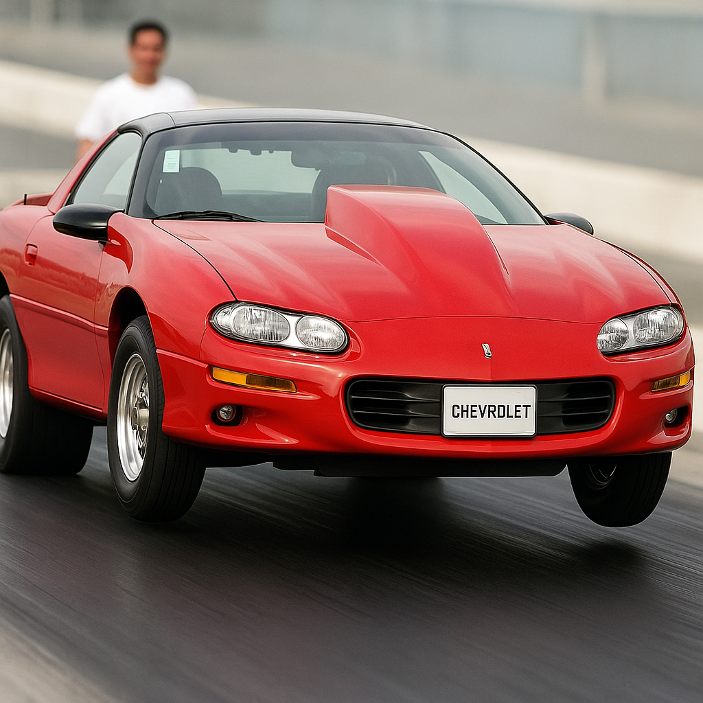 A red chevrolet car is driving down a road
