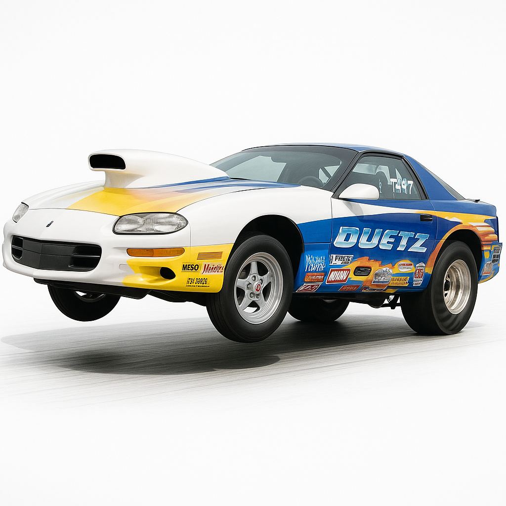 A blue and yellow race car with the word duetz on the side