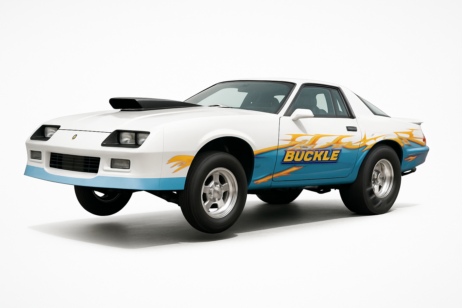 A white and blue race car with the word buckle on the side.
