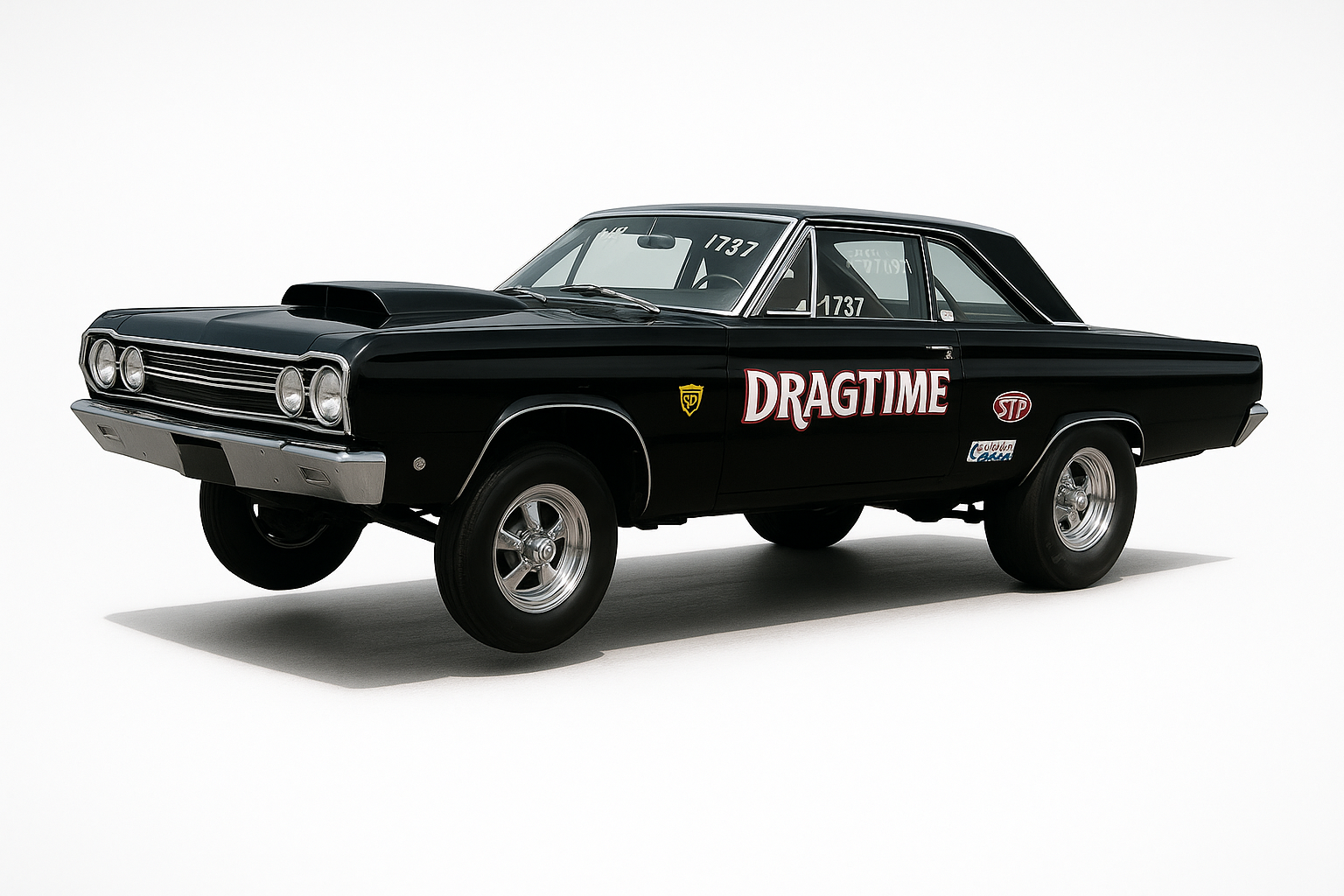 A black drag car with the word dragtime on the side is parked on a white background.