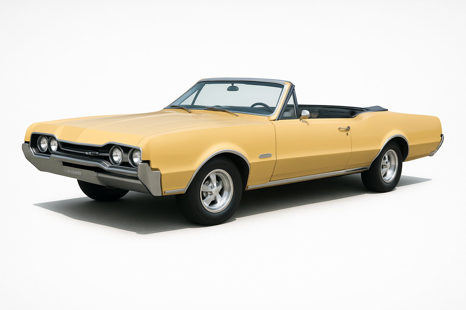 A yellow oldsmobile cutlass supreme convertible on a white background.