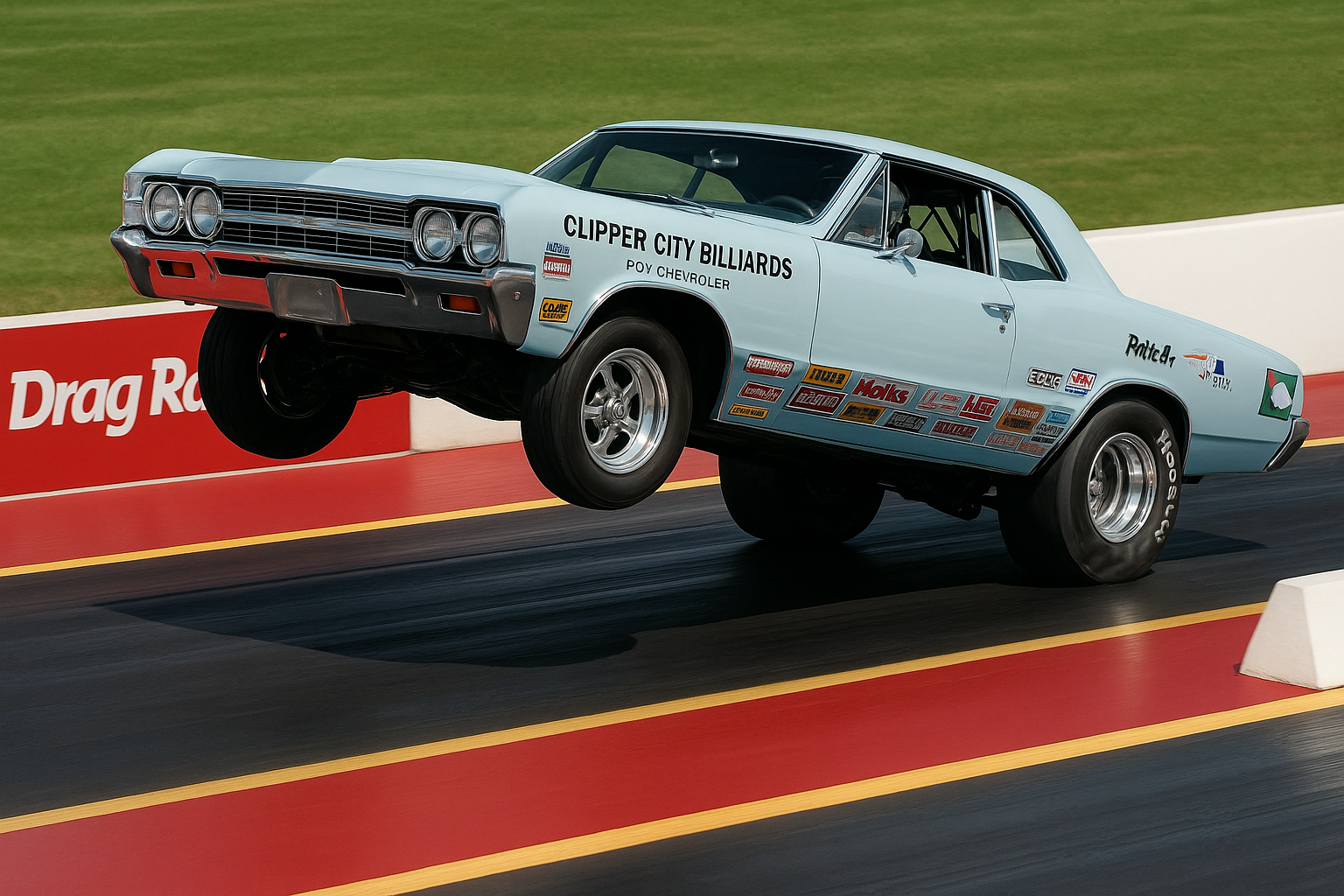 A drag race car is jumping in the air on a track