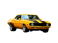 A yellow chevrolet camaro with black stripes on the side is on a white background.