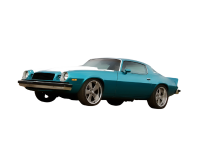 A blue and white car on a white background.