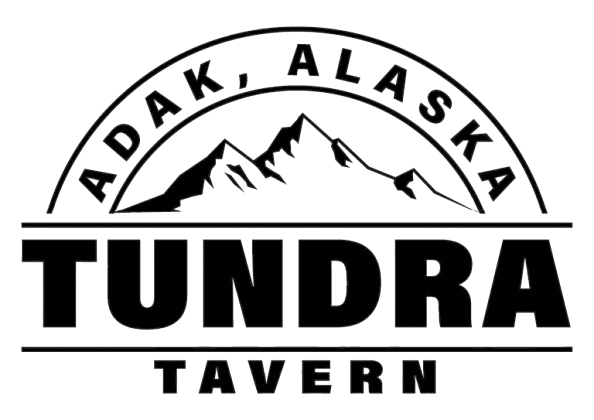 Logo for Tundra Tavern in Adak, Alaska, with mountains and tavern text.