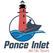 Logo: Red lighthouse with jet ski in blue waves, 